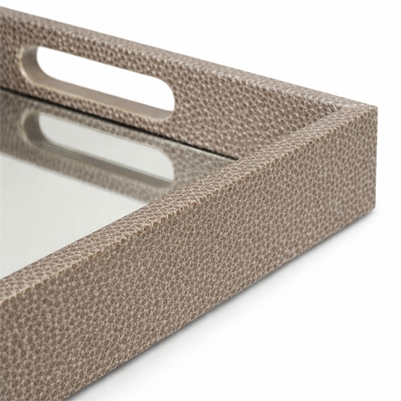 Pemberly Row Labai Gray Shagreen Tray with Mirror and Cut-Out Handles