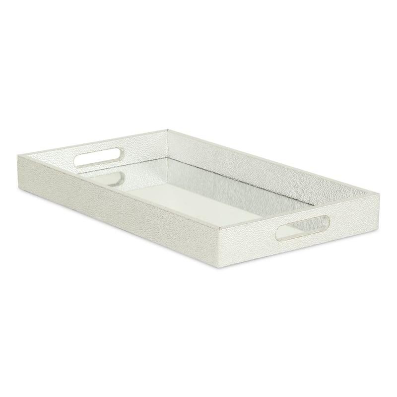 Pemberly Row Labai Silver Shagreen Tray with Mirror and Side Handles
