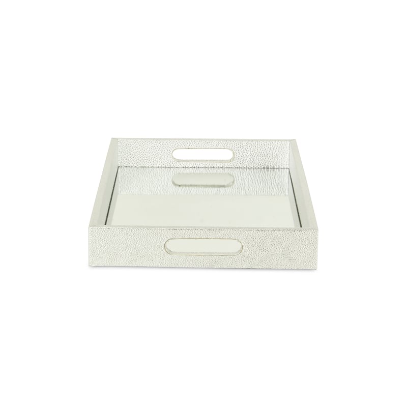 Pemberly Row Labai Silver Shagreen Tray with Mirror and Side Handles