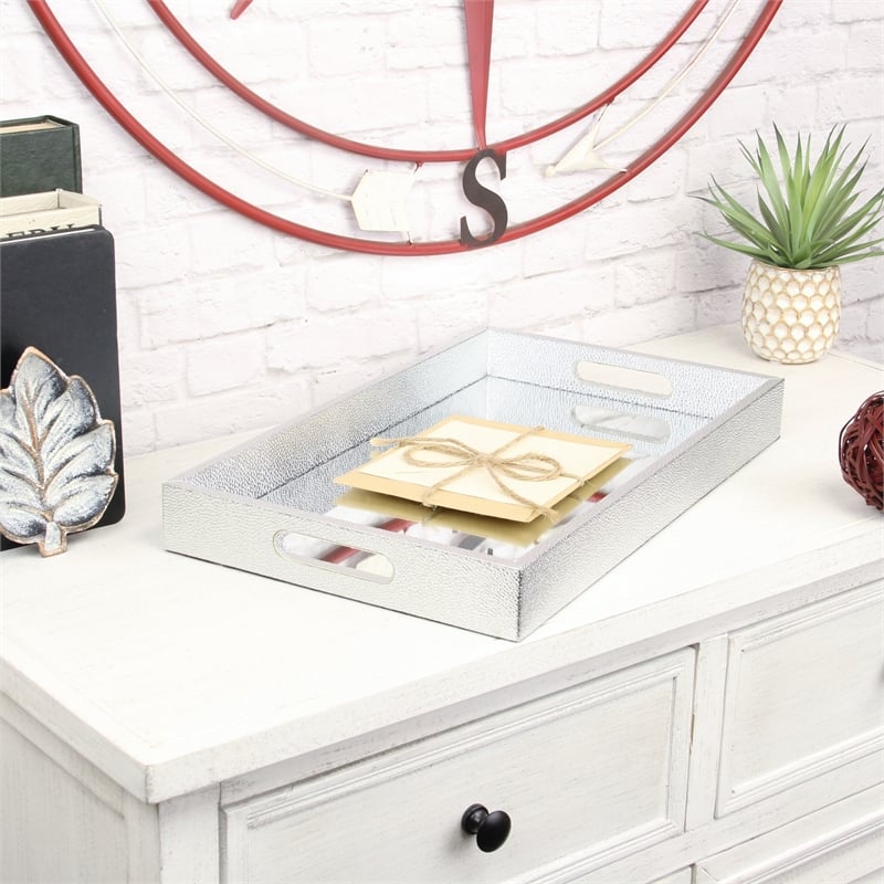 Pemberly Row Labai Silver Shagreen Tray with Mirror and Side Handles