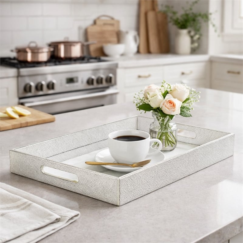 Pemberly Row Labai Silver Shagreen Tray with Mirror and Side Handles