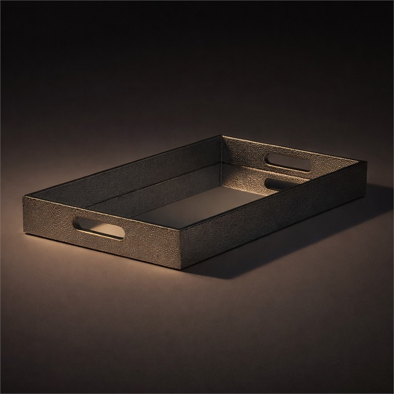 Pemberly Row Labai Silver Shagreen Tray with Mirror and Side Handles