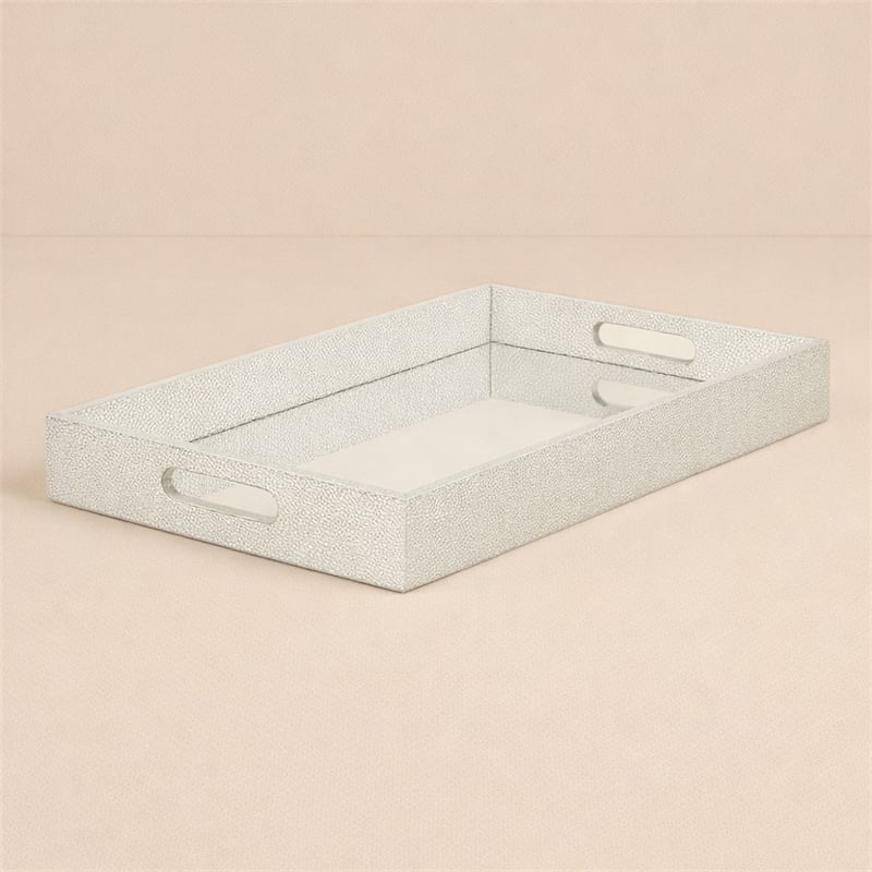 Pemberly Row Labai Silver Shagreen Tray with Mirror and Side Handles