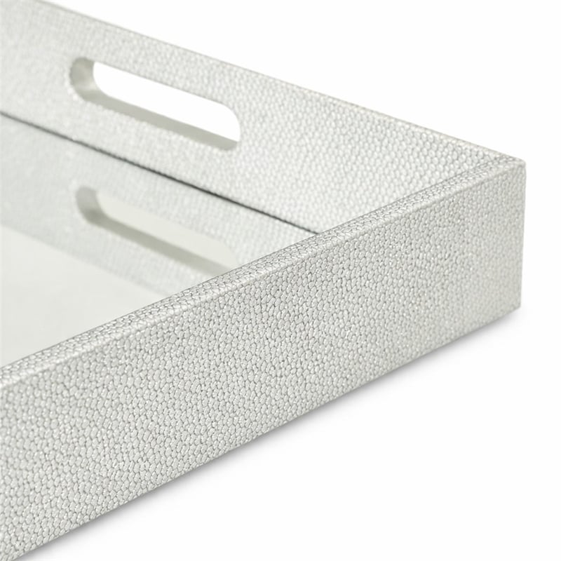 Pemberly Row Labai Silver Shagreen Tray with Mirror and Side Handles