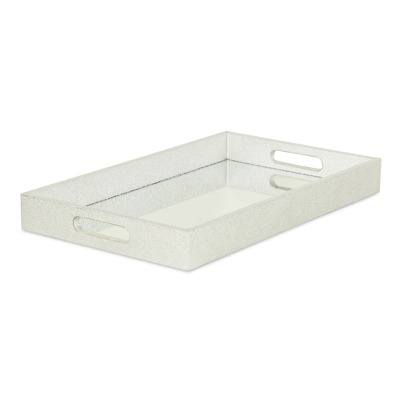 Pemberly Row Labai Silver Shagreen Tray with Mirror and Side Handles
