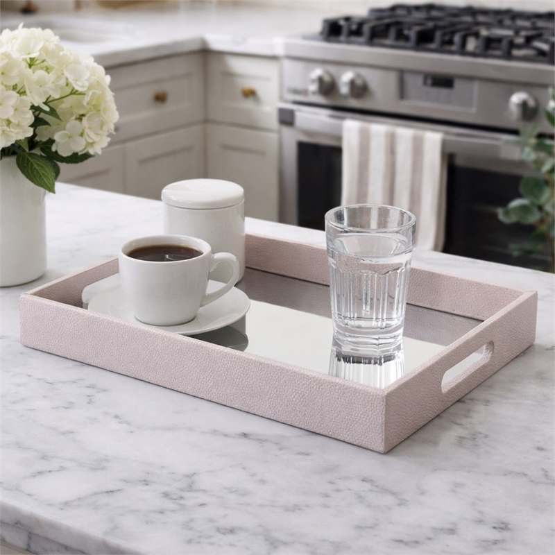 Pemberly Row Labai White Shagreen Tray with Reflective Mirror Panel