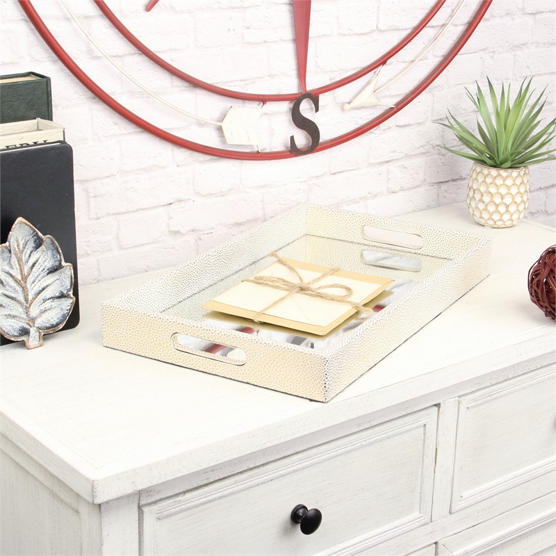 Pemberly Row Labai White Gold Shagreen Tray with Decorative Mirror