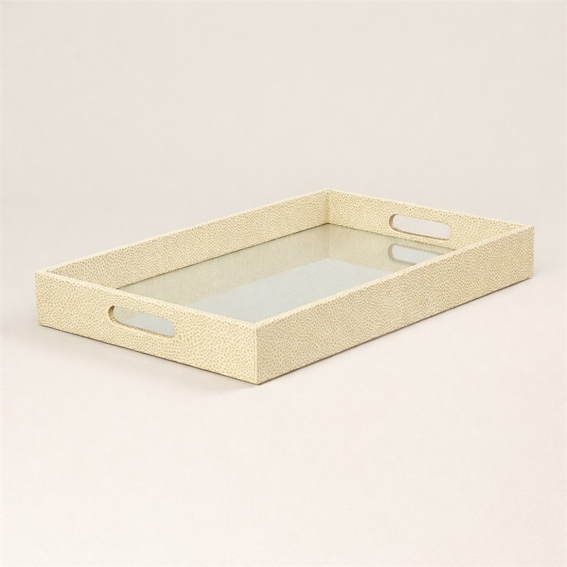 Pemberly Row Labai White Gold Shagreen Tray with Decorative Mirror