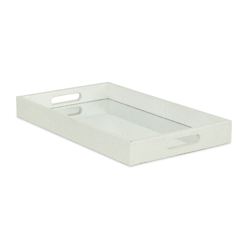 Pemberly Row Shagreen Mirrored Serving Tray - White Silver - Large Size