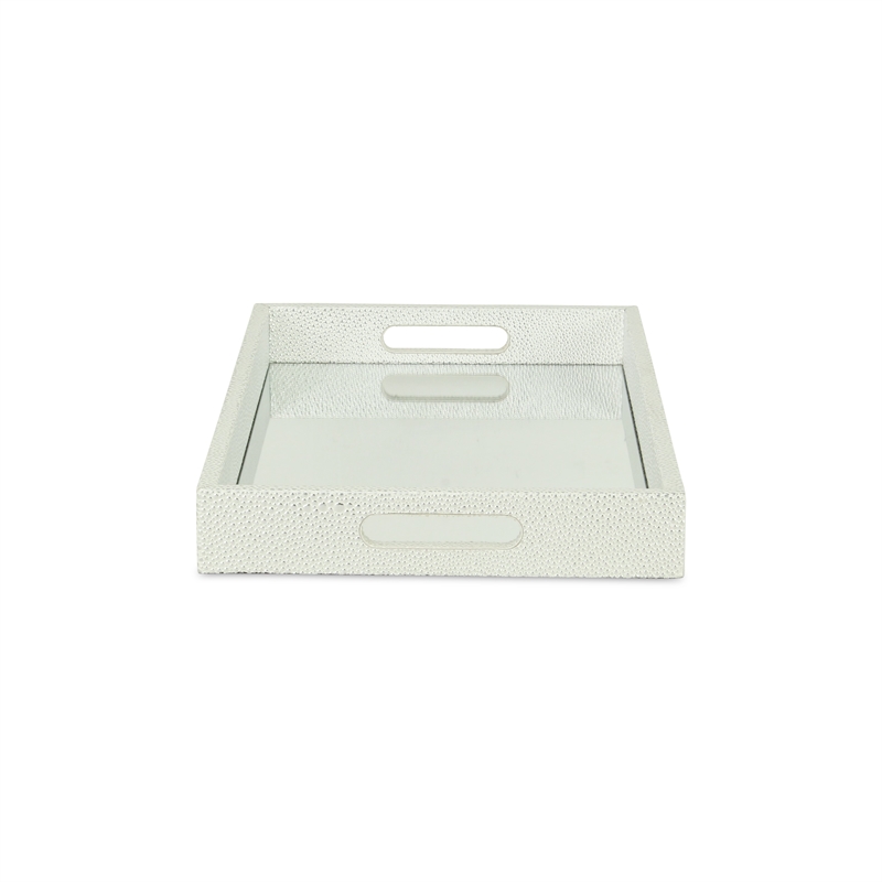 Pemberly Row Shagreen Mirrored Serving Tray - White Silver - Large Size