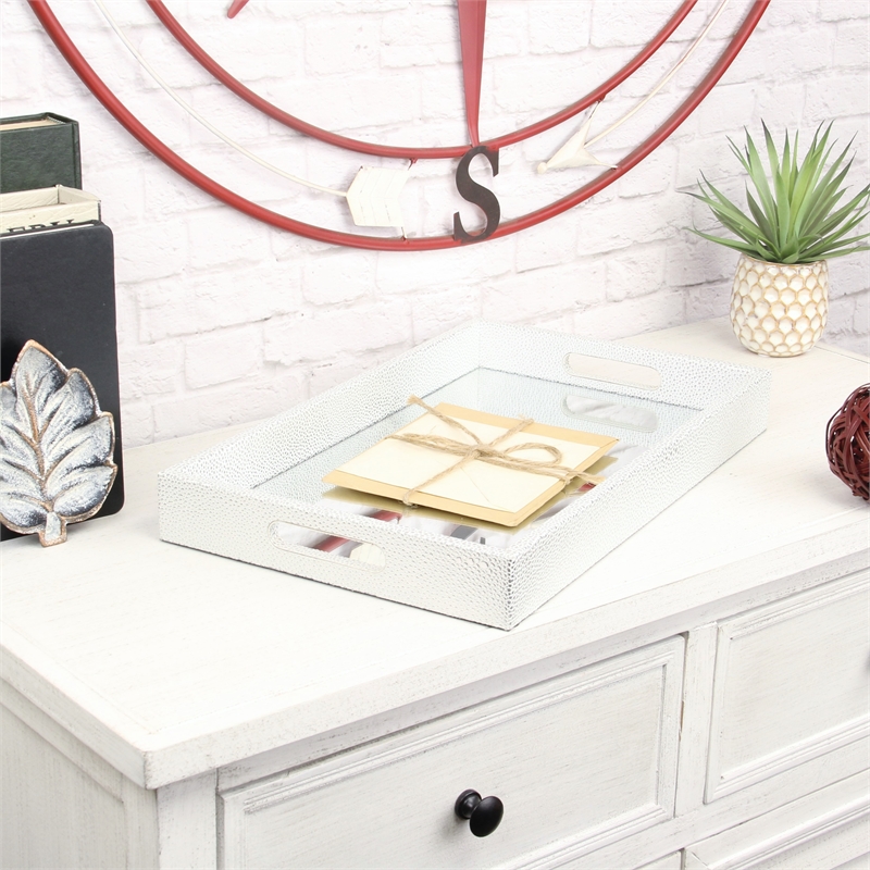 Pemberly Row Shagreen Mirrored Serving Tray - White Silver - Large Size