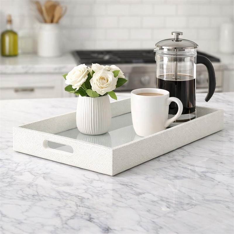 Pemberly Row Shagreen Mirrored Serving Tray - White Silver - Large Size