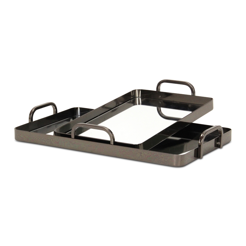 Pemberly Row Set of 2 Metal Mirrored Nested Trays in Pewter