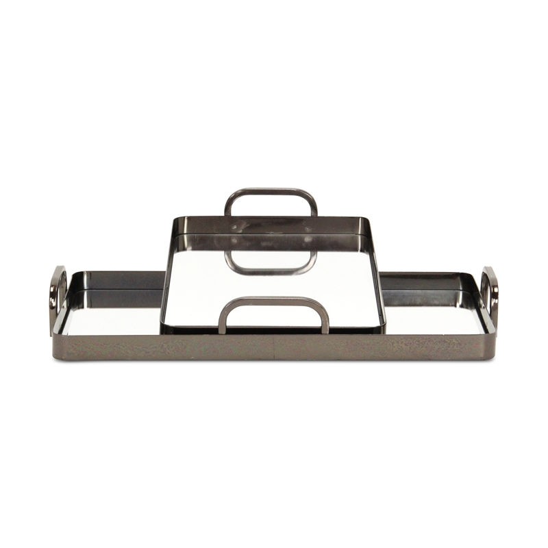 Pemberly Row Set of 2 Metal Mirrored Nested Trays in Pewter