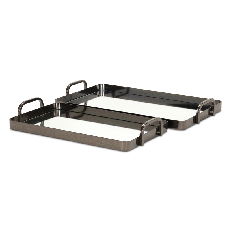 Pemberly Row Set of 2 Metal Mirrored Nested Trays in Pewter