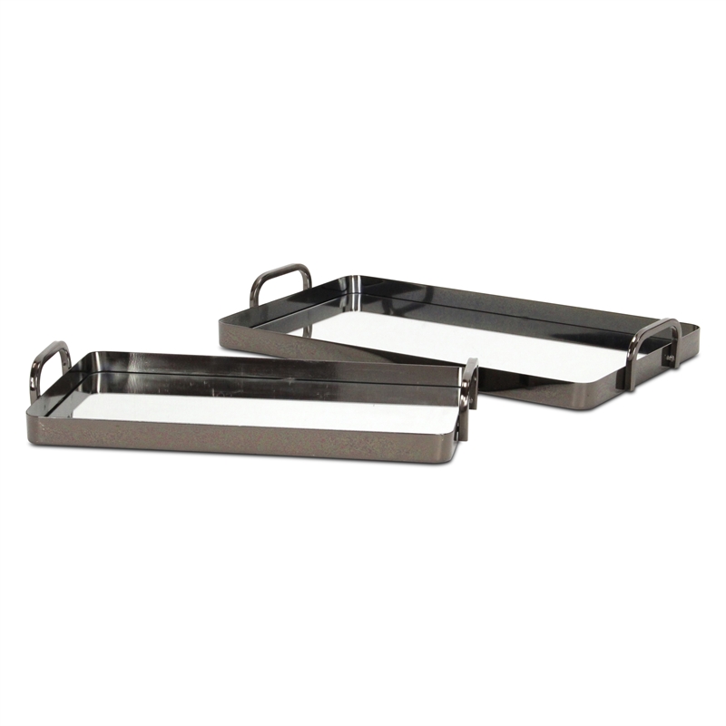 Pemberly Row Set of 2 Metal Mirrored Nested Trays in Pewter
