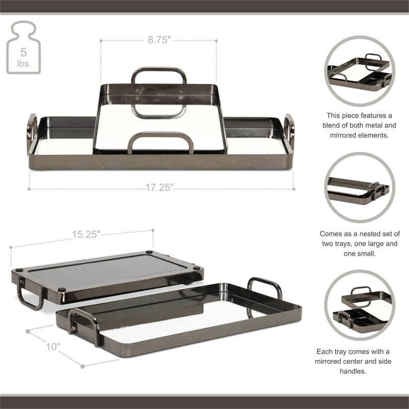 Pemberly Row Set of 2 Metal Mirrored Nested Trays in Pewter