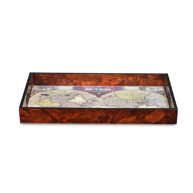 Pemberly Row Burlwood Veneer Glass Top Map Tray