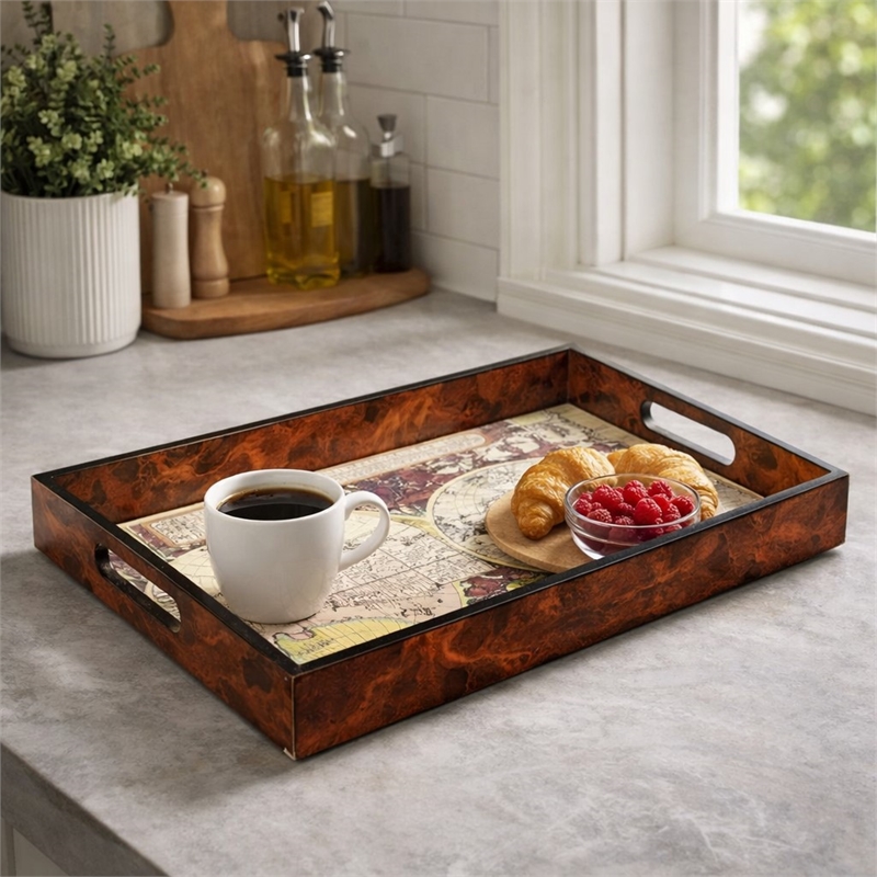Pemberly Row Burlwood Veneer Glass Top Map Tray