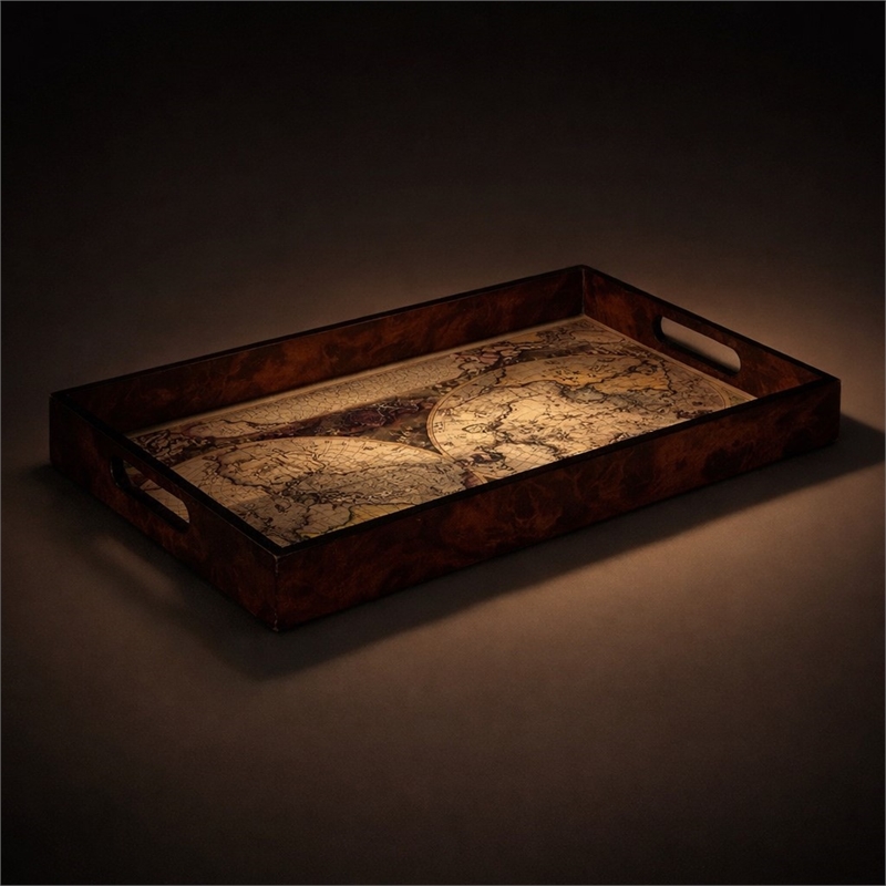 Pemberly Row Burlwood Veneer Glass Top Map Tray