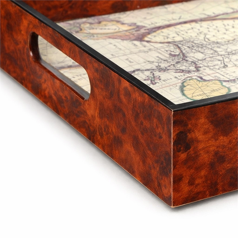 Pemberly Row Burlwood Veneer Glass Top Map Tray