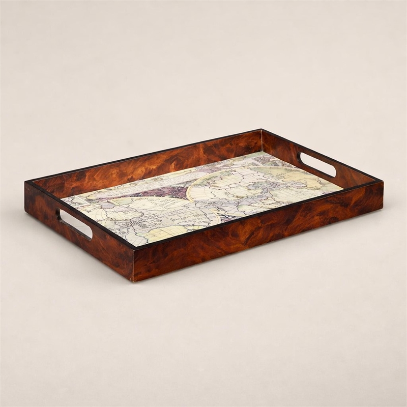 Pemberly Row Burlwood Veneer Glass Top Map Tray