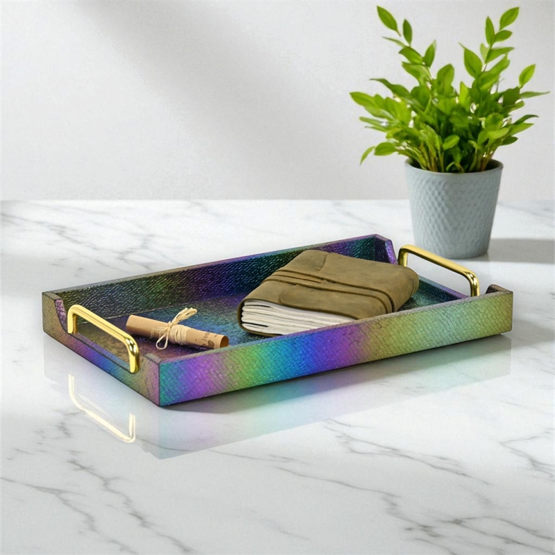 Pemberly Row Iridescent Seascale Tray with Gold Handles - Compact Size