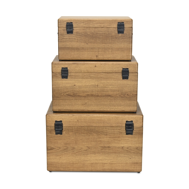 Pemberly Row Set of 3 Brown Storage Trunks with Black Handles