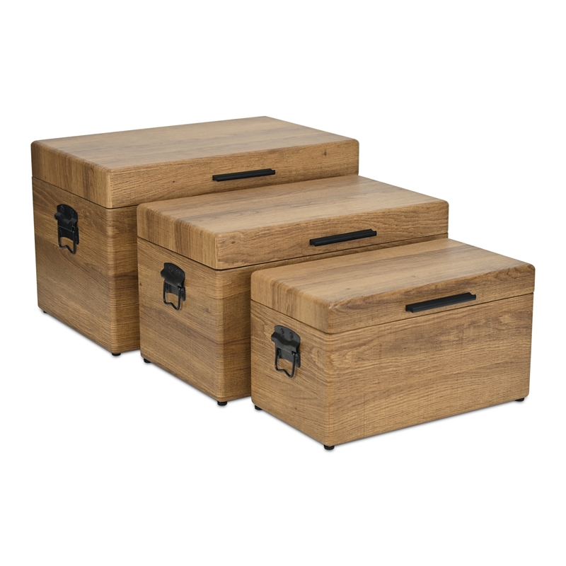 Pemberly Row Set of 3 Brown Storage Trunks with Black Handles