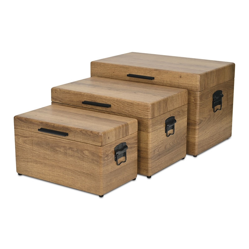 Pemberly Row Set of 3 Brown Storage Trunks with Black Handles
