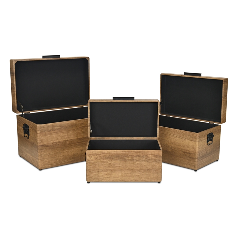 Pemberly Row Set of 3 Brown Storage Trunks with Black Handles