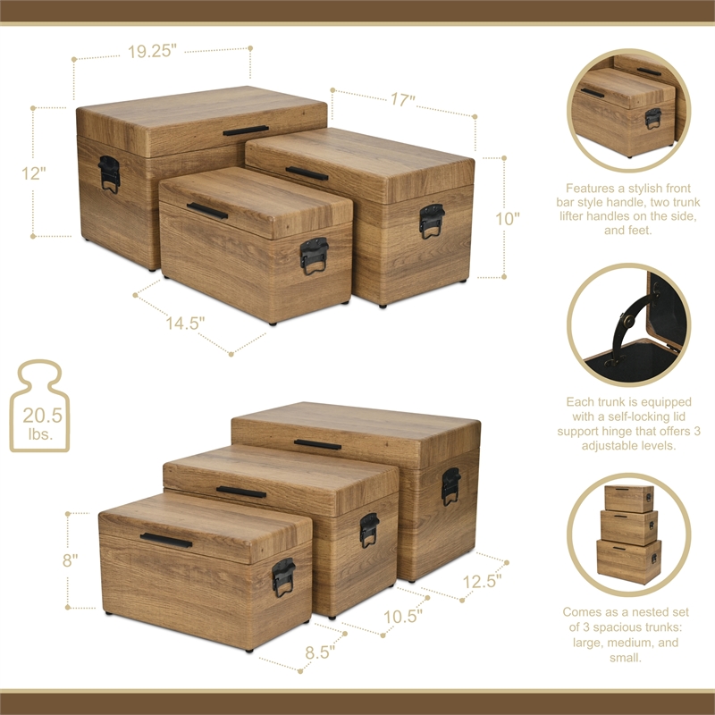 Pemberly Row Set of 3 Brown Storage Trunks with Black Handles