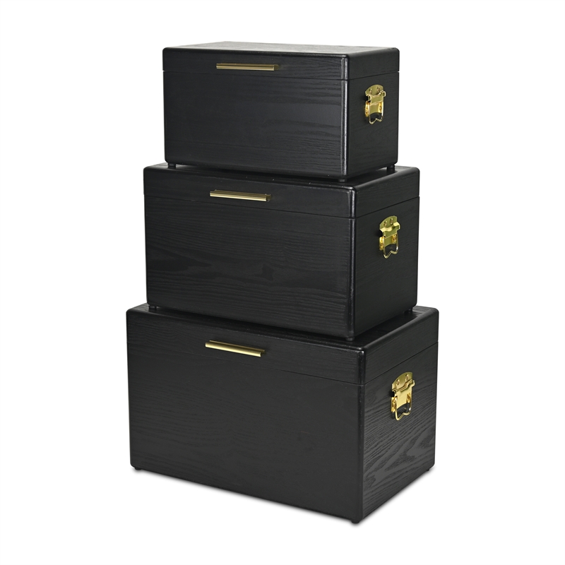 Pemberly Row Set of 3 Black Storage Trunks with Gold Handles
