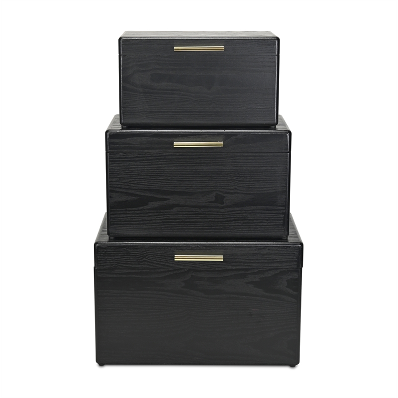 Pemberly Row Set of 3 Black Storage Trunks with Gold Handles