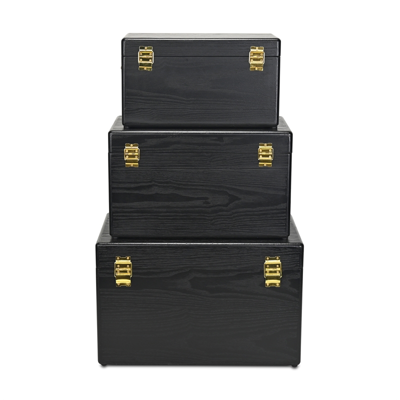 Pemberly Row Set of 3 Black Storage Trunks with Gold Handles