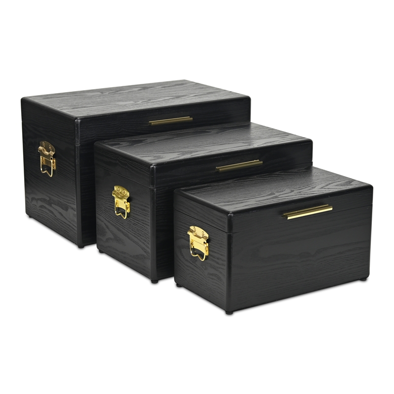 Pemberly Row Set of 3 Black Storage Trunks with Gold Handles