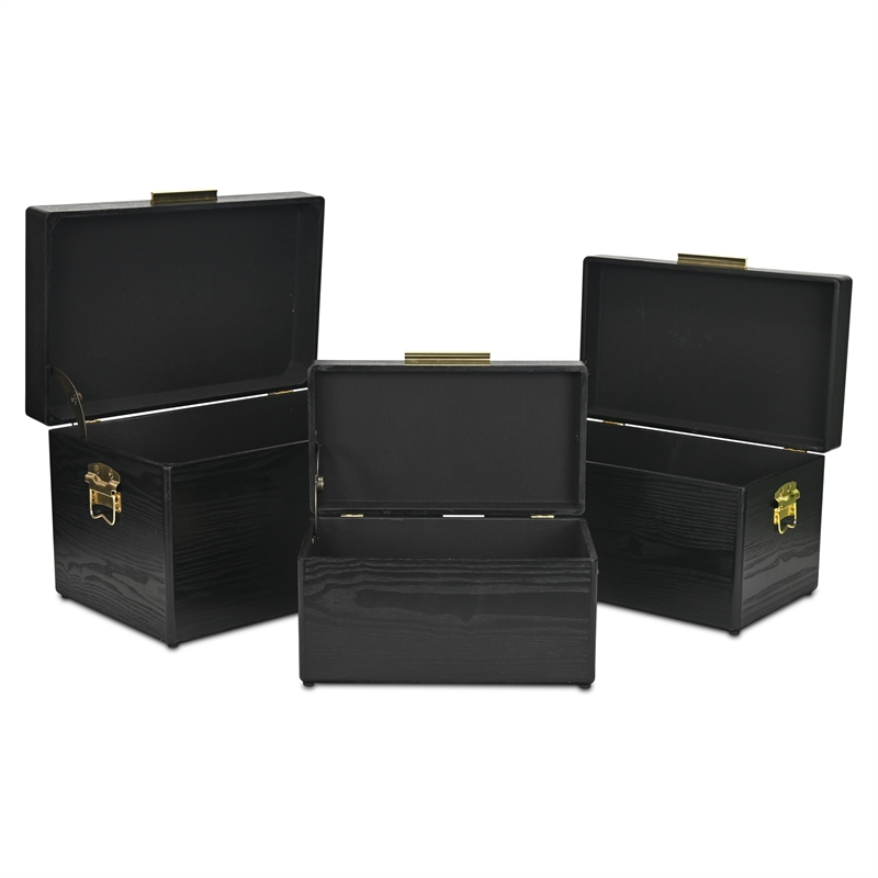 Pemberly Row Set of 3 Black Storage Trunks with Gold Handles