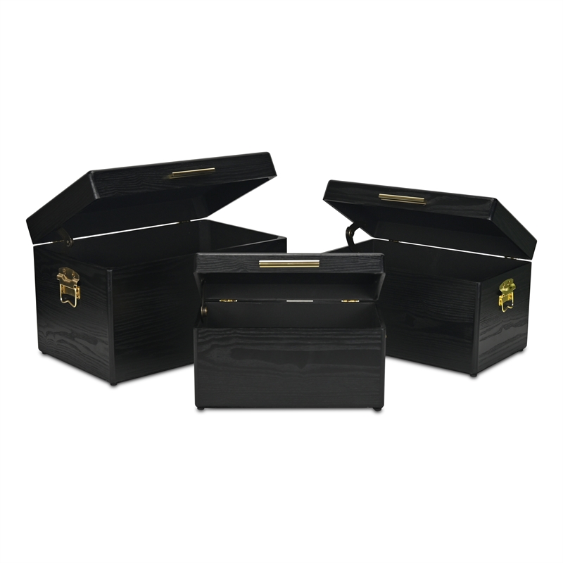 Pemberly Row Set of 3 Black Storage Trunks with Gold Handles