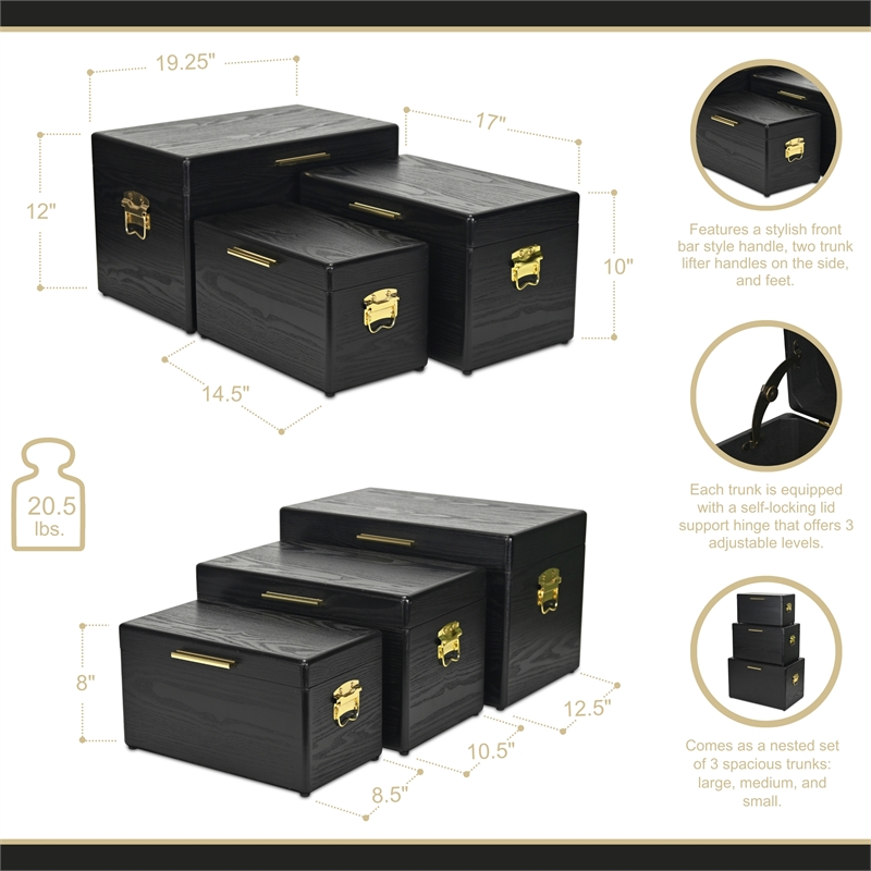 Pemberly Row Set of 3 Black Storage Trunks with Gold Handles