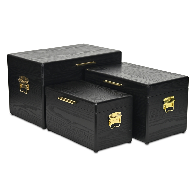 Pemberly Row Set of 3 Black Storage Trunks with Gold Handles
