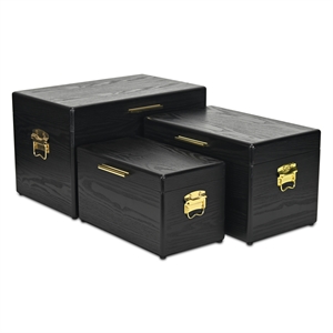 Pemberly Row Set of 3 Black Storage Trunks with Gold Handles