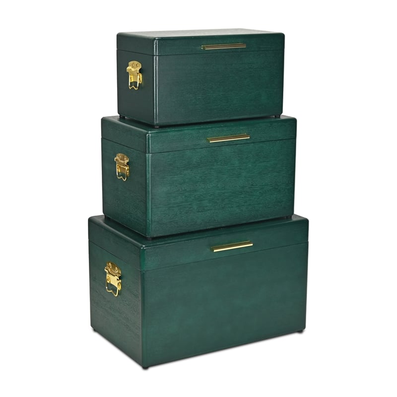 Pemberly Row Set of 3 Green Storage Trunks with Gold Handles