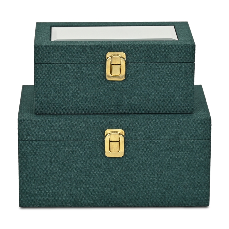 Pemberly Row 2 Pc Nested Linen Box Set in Dark Green with Gold Accents