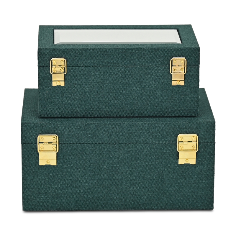 Pemberly Row 2 Pc Nested Linen Box Set in Dark Green with Gold Accents