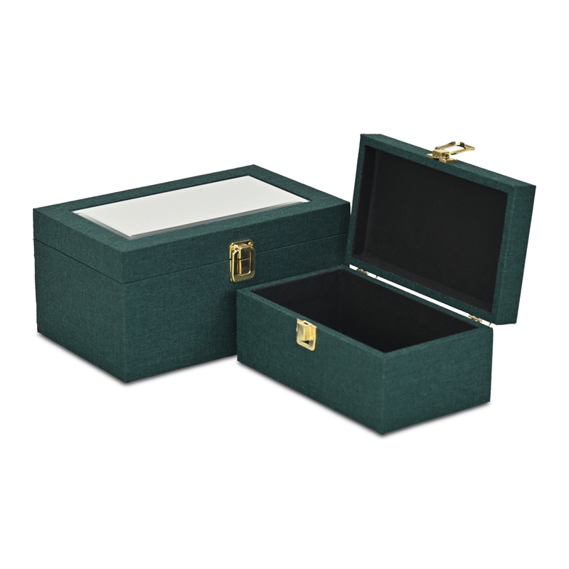 Pemberly Row 2 Pc Nested Linen Box Set in Dark Green with Gold Accents