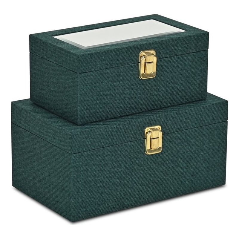 Pemberly Row 2 Pc Nested Linen Box Set in Dark Green with Gold Accents