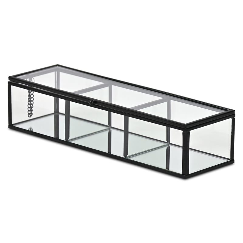 Pemberly Row Mirrored Glass Display Box with 3 Compartments in Black