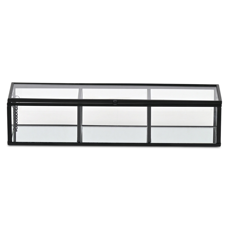 Pemberly Row Mirrored Glass Display Box with 3 Compartments in Black