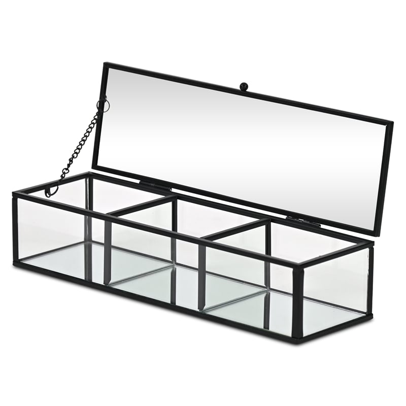 Pemberly Row Mirrored Glass Display Box with 3 Compartments in Black