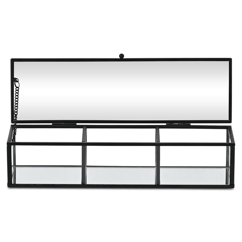 Pemberly Row Mirrored Glass Display Box with 3 Compartments in Black